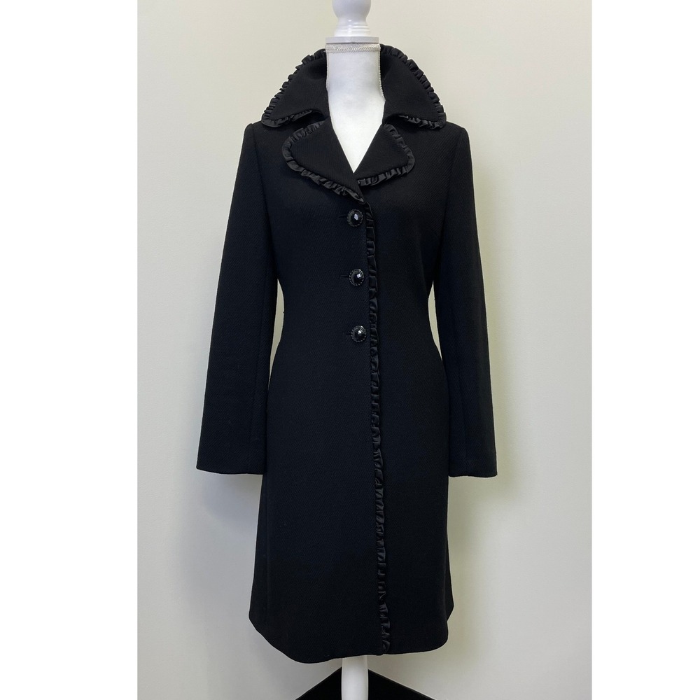 Y2K Express Design Studio Black Wool Blend Ruffle Trim Long Coat S Vintage